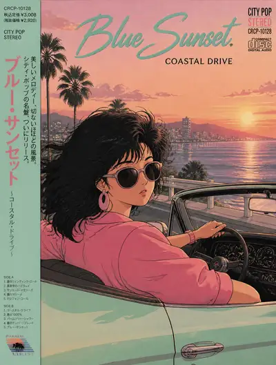 Ilustración de portada de álbum de anime city pop vintage de los años 90