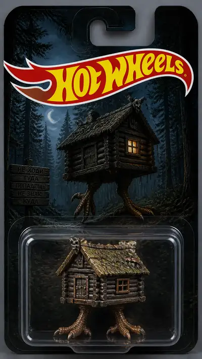 Empaque de juguete die-cast estilo Hot Wheels de una choza de bruja