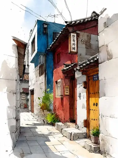 Watercolor Urban Sketch of Korean Hanok Village Alley