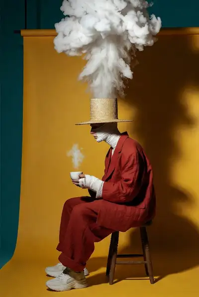 Surreal Bandaged Figure with Smoke Hat