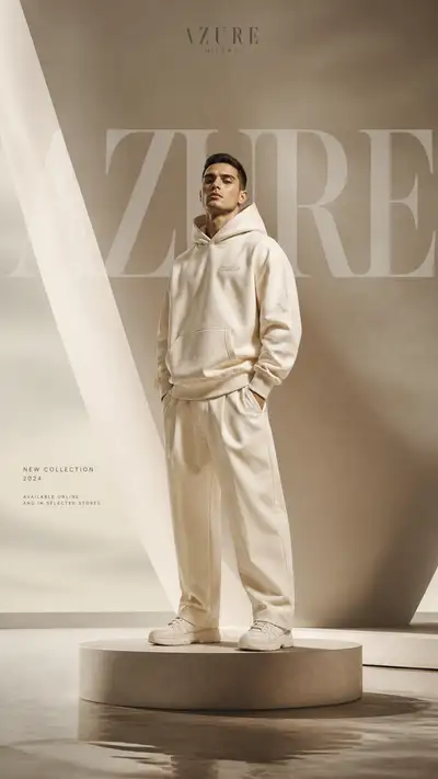 Pôster de campanha de streetwear de luxo com moletom creme e escultura