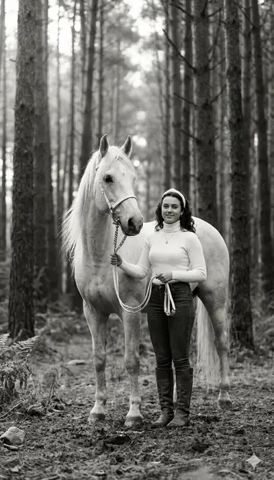 Black and White Portrait with Horse in Pine Forest