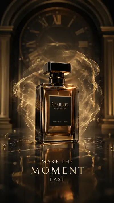 Perfume bottle poster with slow-time particle concept