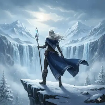 Fantasy Winter Queen on Snowy Cliff