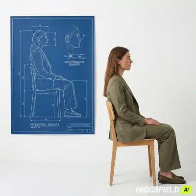 Studio-Seitenprofilporträt, das ein Blaupausen-Poster widerspiegelt