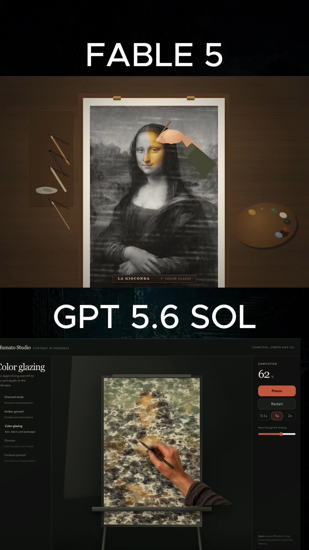 Artist drawing the Mona Lisa animation in a single HTML file