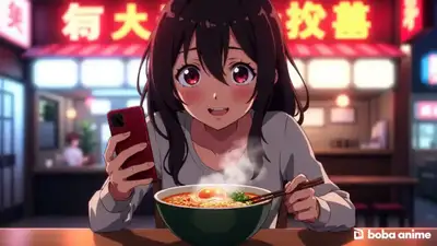 Anime-style food vlogger eating ramen in neon-lit Tokyo