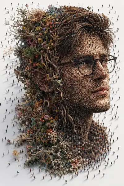 Perfil de homem feito de milhares de pessoas minúsculas e raízes
