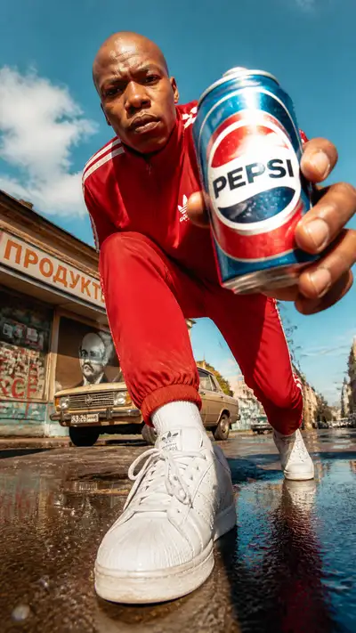 Retro street advertising photo with soda can
