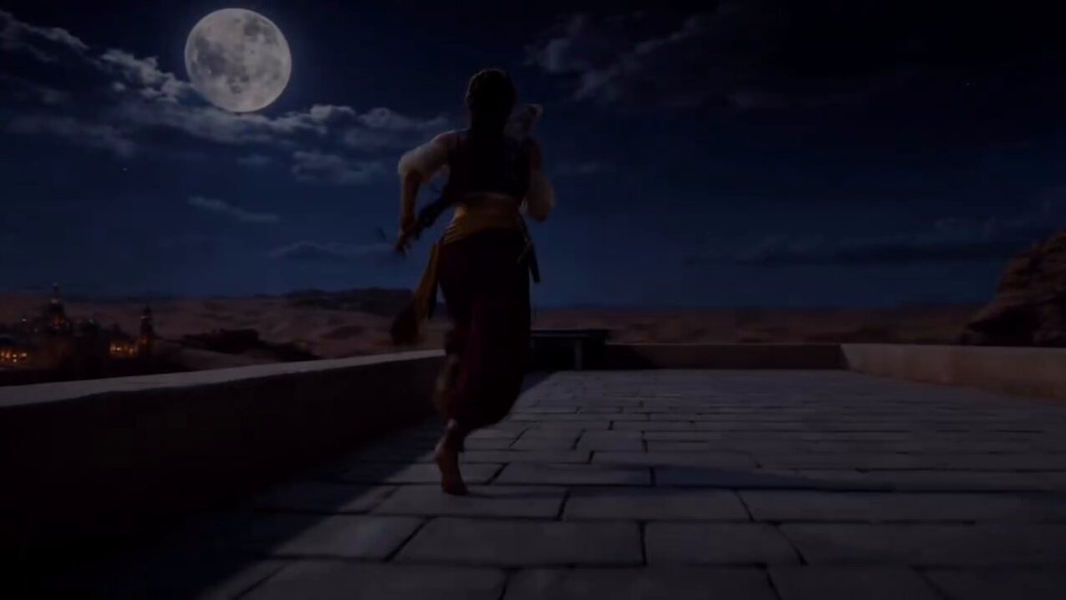 Fire demon emerges from a magical portal in an Arabian desert