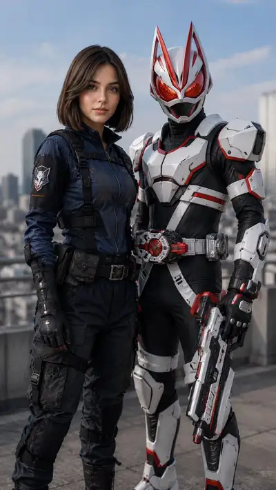 Hyper-realistic cinematic hero duo on rooftop