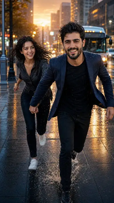 Retrato cinematográfico de pareja en calle lluviosa