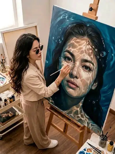 Artista pintando un retrato submarino surrealista en su estudio
