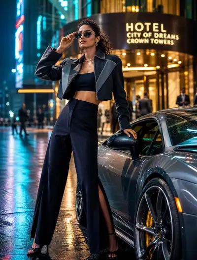 Street-luxury fashion editorial beside a supercar at night