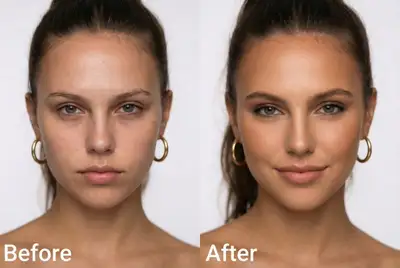 Comparaison cote a cote d'un portrait avant/apres maquillage
