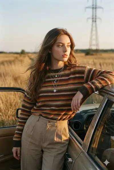 Nostalgic countryside portrait leaning on a vintage car at golden hour