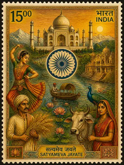 Vintage postage stamp illustration of Indian culture and Taj Mahal