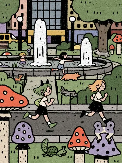 Women running through a park with giant funky spotted mushrooms