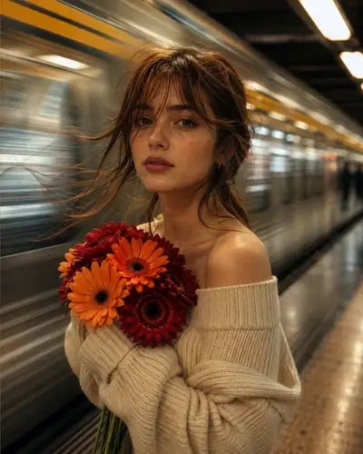 Cinematic subway platform portrait with flowers