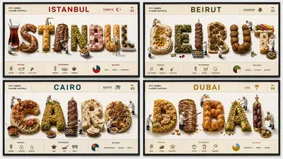 Pôsteres de cidades gastronômicas do Oriente Médio: grade tipográfica fotorrealista (Cairo, etc.)