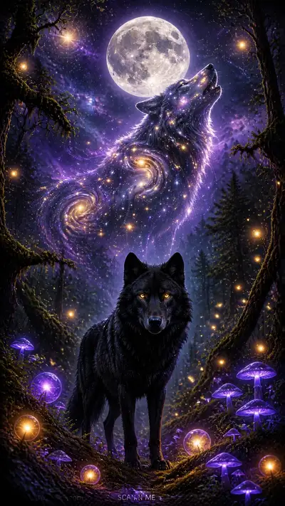 Lobo galáctico cósmico aullando a la luna llena