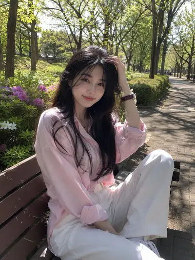 Portrait sur un banc de parc au printemps avec une lumière tachetée douce