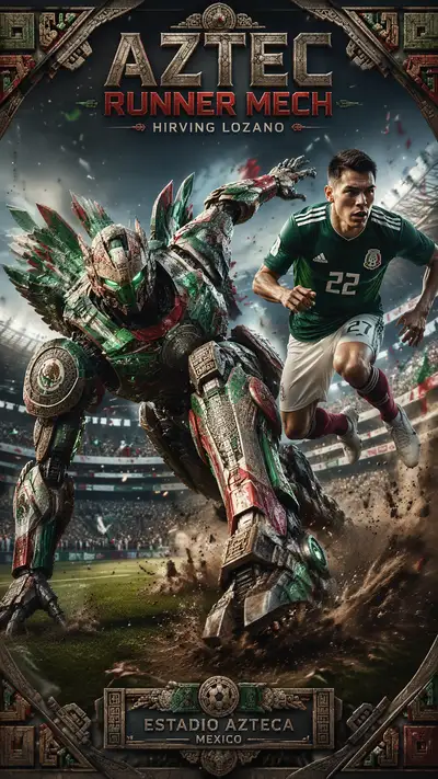 Mexico World Cup mech poster: Aztec Runner Mech with Lozano