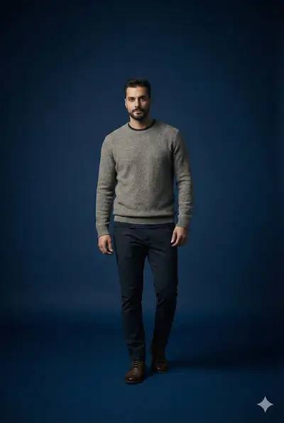 Portrait de studio bleu foncé avec objectif 85 mm pour Nano Banana Pro