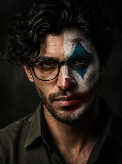 Cinematic Joker Duality Portrait Prompt