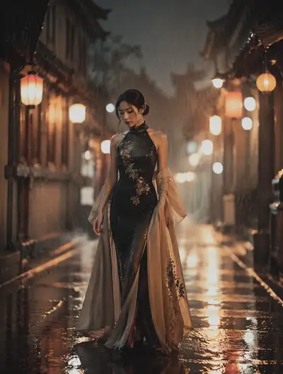 Rainy alley fashion film still with glowing lanterns