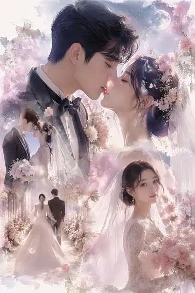 Dreamy double-exposure wedding portrait collage with floral garden
