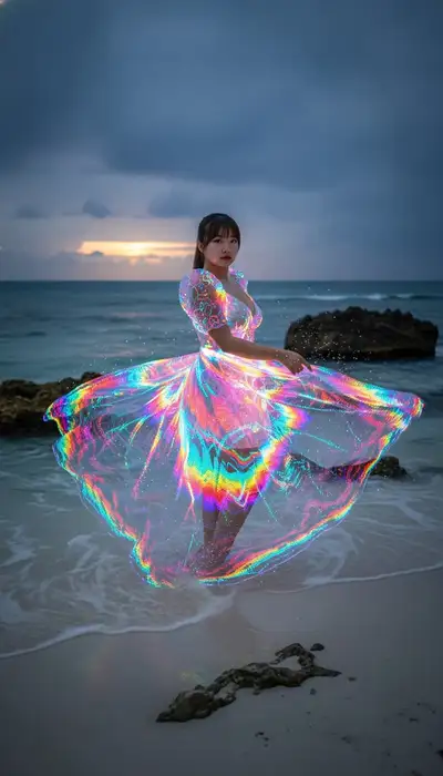 Nano Banana prompt: bioluminescent beach dance in a glowing dress