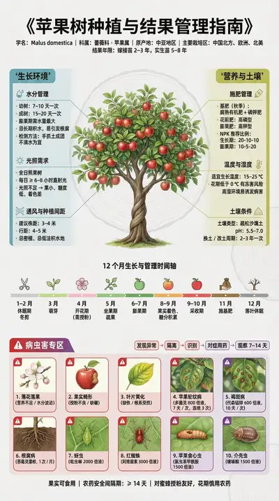 Museum-style fruit tree cultivation infographic poster