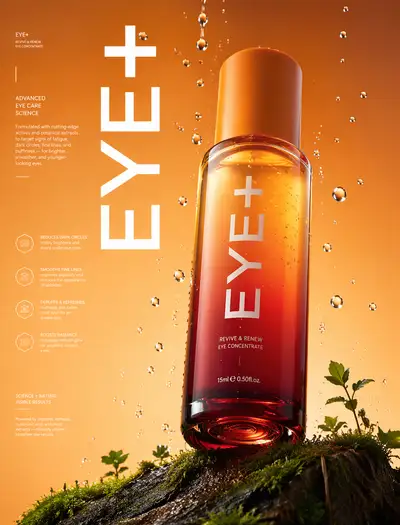 Eye+ luxury orange serum bottle product advertisement
