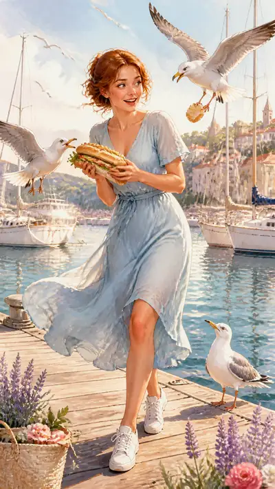 Identity-preserving illustrated portrait at a Baltic Sea marina
