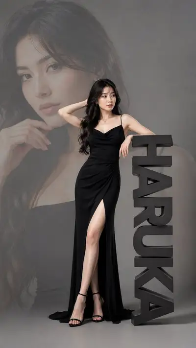 Elegant Japanese Woman in Black Gown Studio Portrait