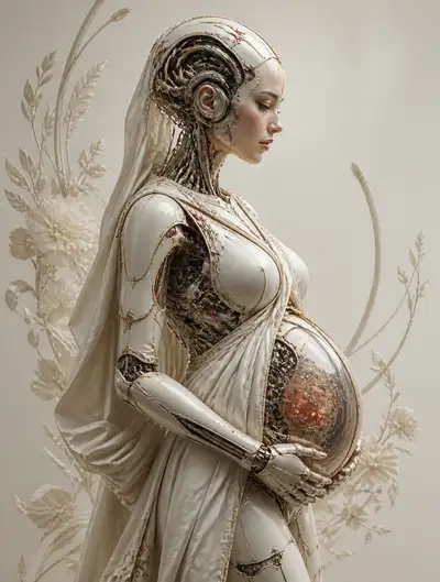 Biomechanical pregnant android portrait, sci-fi surrealism prompt