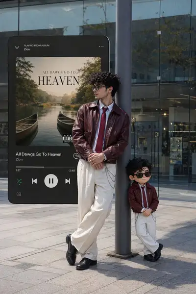 Urban Plaza Street Portrait with Cartoon Companion