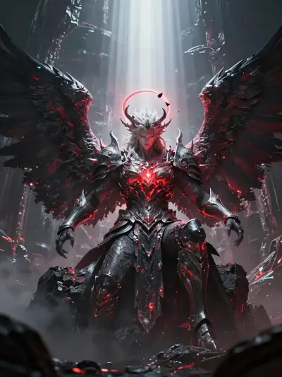 Fallen angel emerging from celestial ruins in dark fantasy art