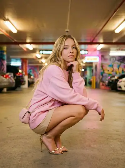 Crouching urban fashion portrait in underground parking