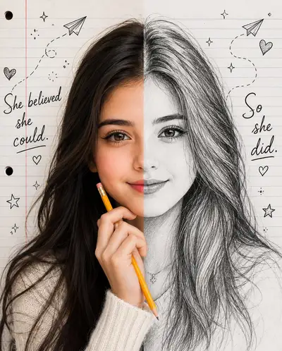 Split-Face Portrait: Photo and Pencil Sketch with Motivational Doodles