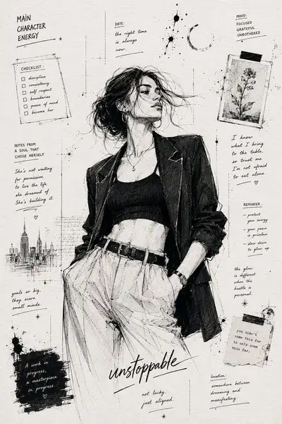 Modèle de croquis monochrome à l'encre avec notes manuscrites façon journal intime