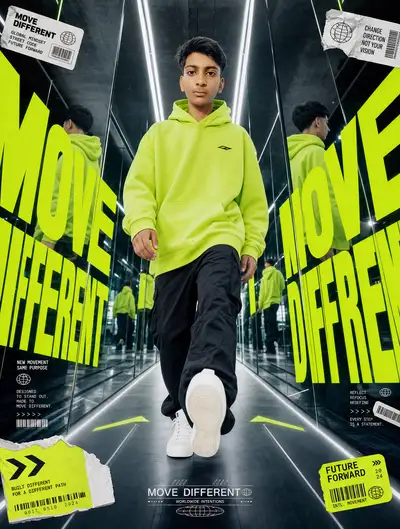Neon streetwear mirror corridor editorial poster prompt