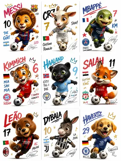 Nine-panel chibi animal footballer sticker collection