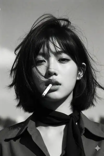 1970s windswept black and white cigarette portrait