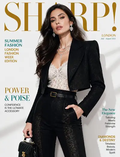 SHARP magazine cover with tailored lace suit