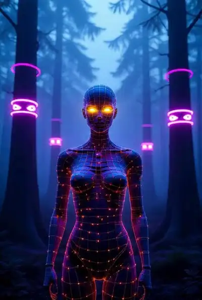 Glowing Wireframe Humanoid in Neon Forest