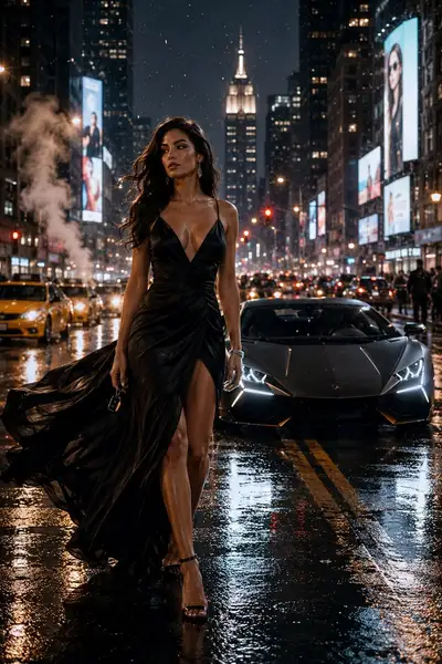 Cinematic Manhattan Night Portrait with Lamborghini