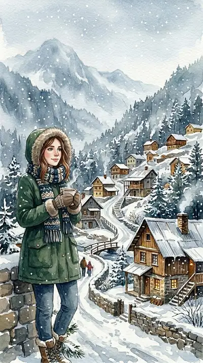 Cozy Winter Watercolor Hill Station