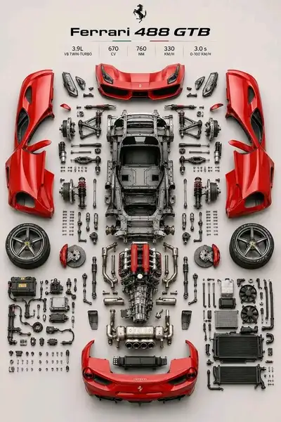Knolling Ferrari 488 GTB Disassembled Parts Layout